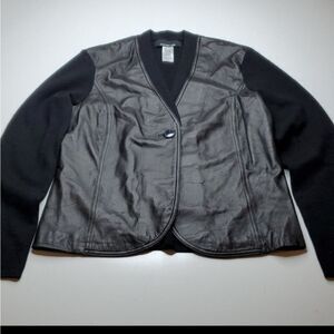 M Leather + Wool JONES NEW YORK SWEATER JACKET BLACK CARDI CARDIGAN Medium